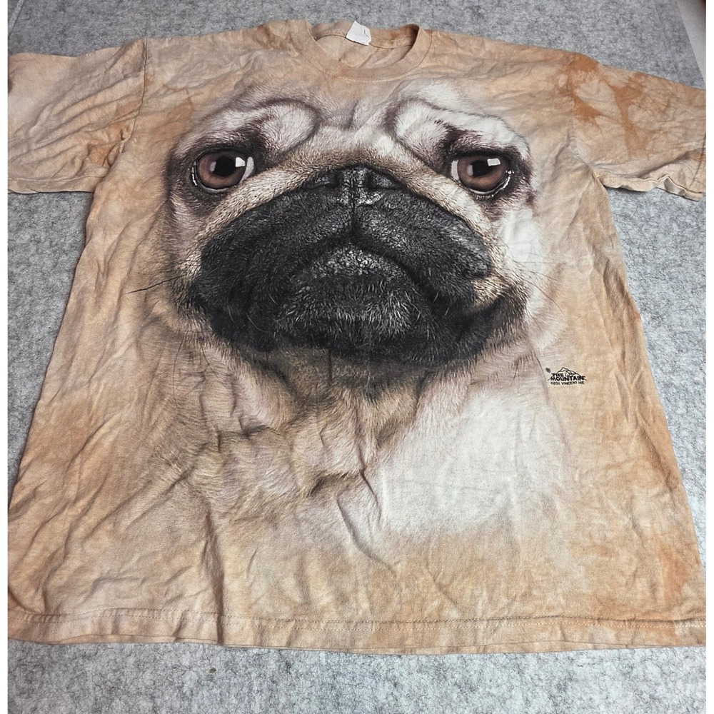 The Mountain Big Face Pug T-Shirt Vintage 2011 Tie Dye Brown Tan L Vincent Hie